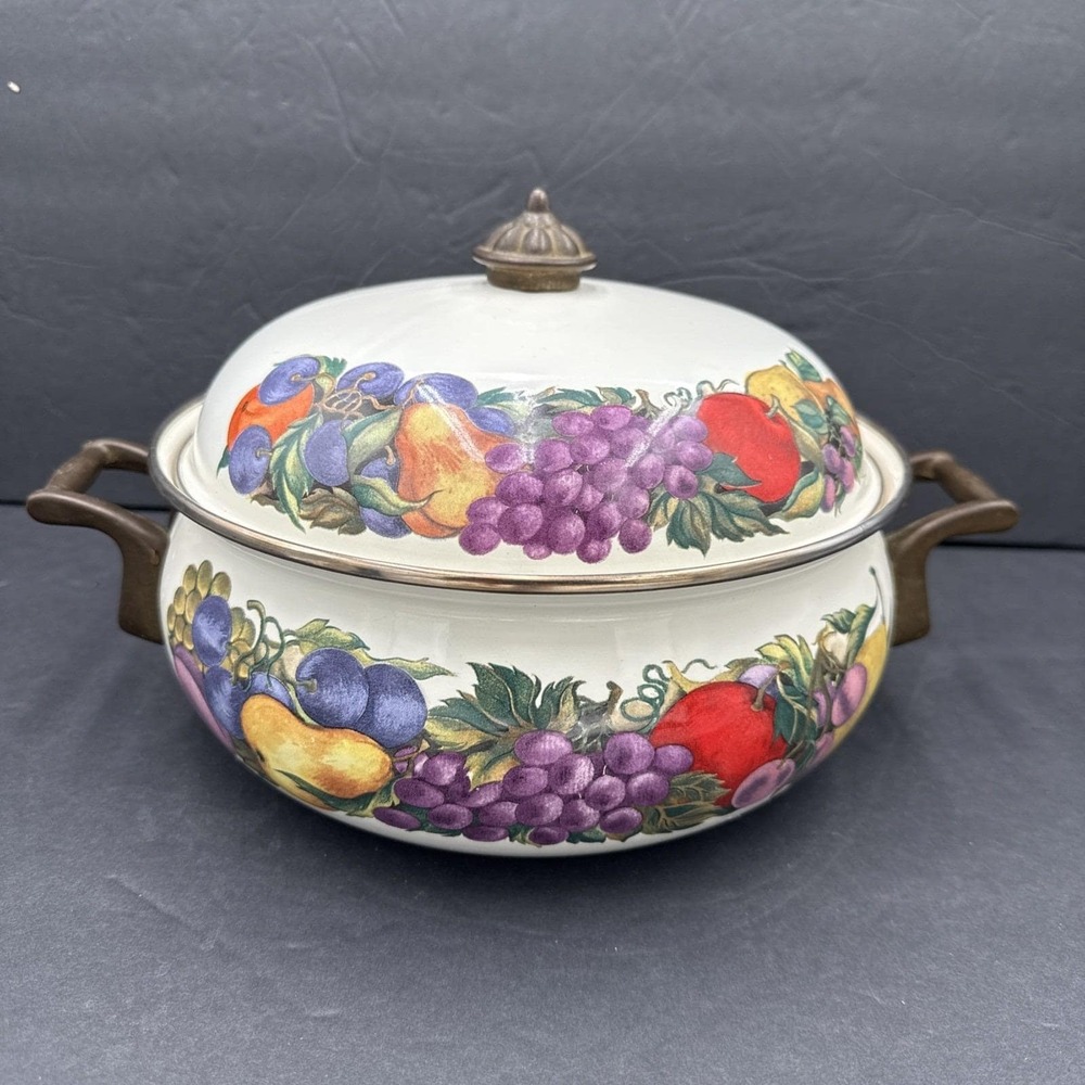 Vintage Cornucopia Dutch Oven Enamel Fruit Covered Lid Pot Brass Casserole